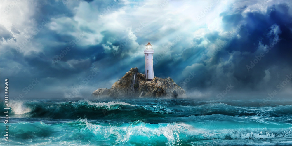 Lighthouse in storm with big waves awaiting tsunami - obrazy, fototapety, plakaty 