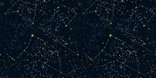 Starry Night Sky Seamless Pattern. Magic Space Print. Stars And Constellations On A Dark Background. Cosmos Texture, Template For Web Design, Wallpaper, Backdrops, Covers, Printing.... Vector.