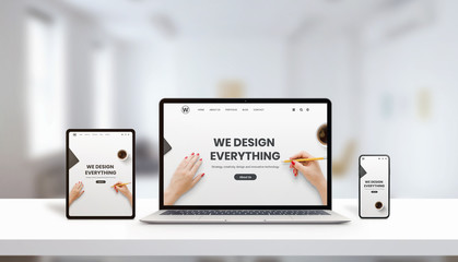responsive agency web page on laptop, tablet and phone display concept. modern, flat web page design