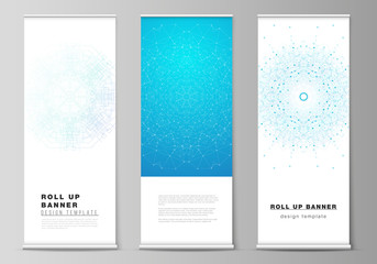 Wall Mural - The vector layout of roll up banner stands, vertical flyers, flags design business templates. Big Data Visualization, geometric communication background with connected lines and dots.