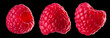 Set of raspberry with reflection isolated on black background
