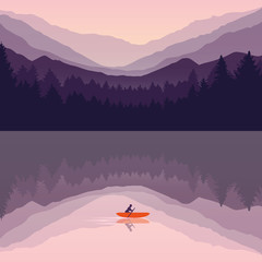 Wall Mural - lonely canoeing adventure with orange boat at sunrise on the lake vector illustration EPS10