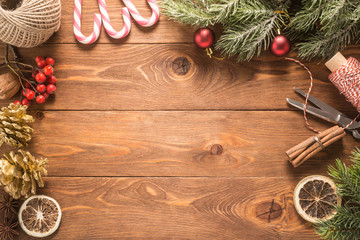 Wall Mural - Christmas decoration on wooden background	