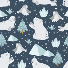 Seamless Pattern With Walrus And Polar Bear - Vector Illustration, Eps