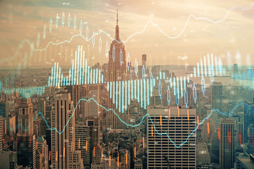 Fototapete - Forex graph on city view with skyscrapers background double exposure. Financial analysis concept.