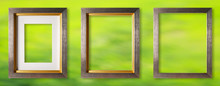 Isolated Three Type Vintage Picture Gold Wood Frame With No Image For Interior Wall Decoration On Green Background (with Clipping Path)
