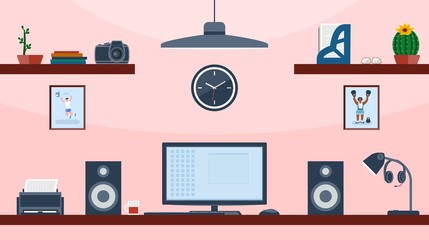 Workspace for business. Creative office space vector with display on the table - workspace layout template.