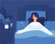 Insomnia. Woman in bed with open eyes in darkness night room. Flat cartoon style vector illustration. Vector flat modern illustration of Sleepless sad girl on isolated night background. - Vector.