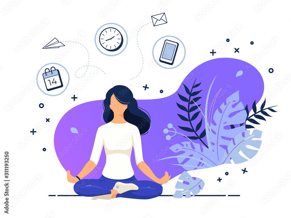 Vector illustration concept of business woman practicing meditation in office. The girl sits in the lotus position, the thought process, the inception and the search for ideas. Practicing Yoga in work - obrazy, fototapety, plakaty 