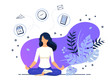 Vector illustration concept of business woman practicing meditation in office. The girl sits in the lotus position, the thought process, the inception and the search for ideas. Practicing Yoga in work