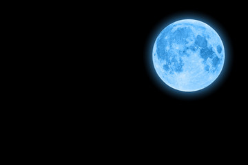 Wall Mural - blue super moon glowing with blue halo isolated on black background copy space on the left