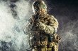 © alfa27 - military forces concept., young brave soldier holding weapon looking for danger to protect humanity, soldier sniper in green uniform