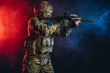 © alfa27 - courageous soldier man in green military wear holding gun, rifle in hands, don't afraid of danger, looking for enemy