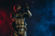 © alfa27 - safety and protection concept. young man work as military man protecting country, wearing military forces clothes and holding gun in smoky UV space