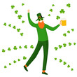 Saint Patrick 's Day. Funny  dancing man in festive costume of leprechaun