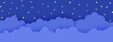 Night Sky In Paper Cut Style. 3d Background With Dark Cloudy Landscape With Stars And Moon Papercut Art. Cute Cardboard Origami Clouds. Vector Card For Wish Good Night Sweet Dreams.