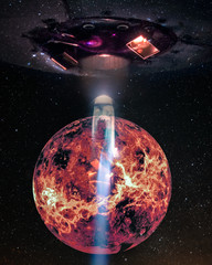 Wall Mural - giant extraterrestrial aliens spaceship fly above the sun, ufo with blue spotlights in galaxy. eleme