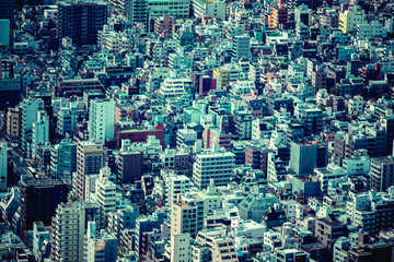 Canvas Print - High angle view of Tokyo streets and urban development. Dense buildings area