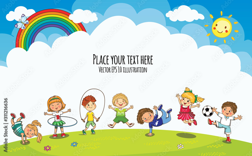 Vector playground with jumping boys and girls. Template for advertising kids brochure. Kindergarten, school children summer, spring vacation. - obrazy, fototapety, plakaty 