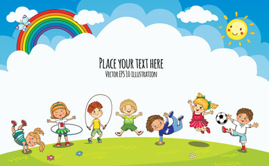 vector playground with jumping boys and girls. template for advertising kids brochure. kindergarten,