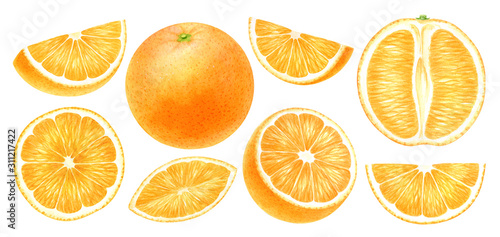Fotomural Orange fruits whole, half, slice, cut isolated on white background