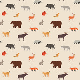 Fototapeta Pokój dzieciecy - Pattern of woodland animals. Seamless pattern with woodland animals such as foxes, deer, hares, wolves, squirrels, moose etc. Illustration in a flat style. Vector 8 EPS.