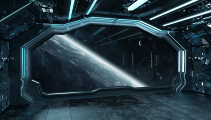 Wall Mural - Dark blue spaceship futuristic interior with window view on planet Earth 3d rendering