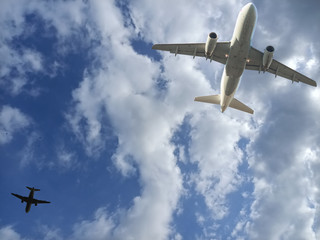 Airplane the sky. horizontal view. writing area.