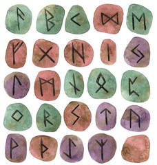 Watercolor runes set illustration isolated on white background. Set of hand drawn Norse runes. Runes on stones. Futhark set.