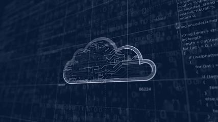 Wall Mural - Cyber cloud symbol project creating. Abstract concept of data storage, database, computing, servers, archive and documents safety 3d animation. Drawing digital scheme line of futuristic idea.