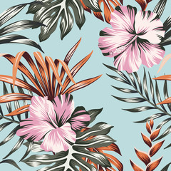 Wall Mural - Tropical floral pink hibiscus flower orange palm leaves seamless pattern blue background. Exotic jungle wallpaper.