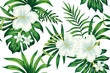 Tropical white hibiscus plumeria floral green leaves seamless pattern white background. Exotic jungle wallpaper.