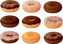 Vector Illustration Of Various Old Plain, Glazed And Chocolate Frosted Donuts Or Doughnuts Isolated On White Background
