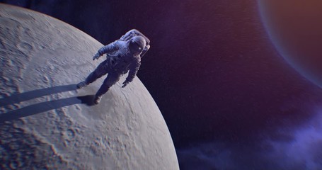 Wall Mural - astronaut armstrong standing on moon surface in space with earth and sun on background