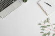 © pressmaster - Notebook with pen, small plant in flowerpot, branch with green leaves and laptop