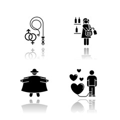 Poster - Mental disorder drop shadow black glyph icons set. Sexual fetishism. Kleptomania. Exhibitionism. Obsessive love. Steal alcohol. Possessive relationship. Perversion. Isolated vector illustrations