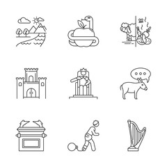 Poster - Bible narratives linear icons set. Adam and Eve, Solomon Temple myths. Religious legends. Biblical stories plot. Thin line contour symbols. Isolated vector outline illustrations. Editable stroke