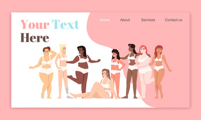 Sticker - Body positive landing page vector templates. Women dressed in lingerie website interface idea with flat illustrations. Smiling ladies homepage layout. Feminism web banner, webpage cartoon concept