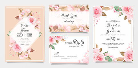 Wall Mural - Wedding invitation card template set with floral decoration. Peach rose flowers illustration for save the date, invitation, greeting card, poster vector. Floral frame vector