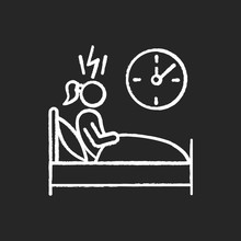 Change In Sleep Pattern Chalk Icon. Insomnia. Troubled Woman. Stress, Anxiety. Person Awake In Bed. Sleep Deprivation. Restless Girl. Night Time Panic Attack. Isolated Vector Chalkboard Illustration