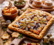 Mazurek pastry, traditional Polish Easter cake made of shortcrust pastry,  chocolate cream, candied fruit, nuts and almonds on the holiday table, close-up. Very sweet dessert, Easter treat