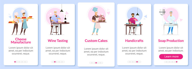 Manufacturing onboarding mobile app screen vector template. Cheesemaking, wine tasting. Custom cakes. Walkthrough website steps with flat characters. UX, UI, GUI smartphone cartoon interface concept