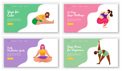 Wall Mural - Yoga and meditation poses landing page vector template set. Stretch exercises. Bodypositive website interface idea with flat illustrations. Homepage layout, web banner, webpage cartoon concept