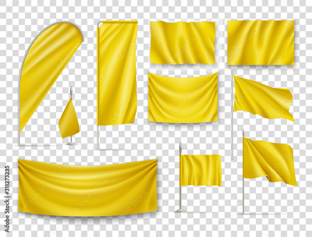 Yellow Rectangular Flags Set Isolated On Transparent Background