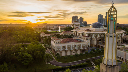 Wall Mural - Beautiful aerial landscape of sunrise at The Kota Iskandar Mosque located at Kota Iskandar, Iskandar Puteri, Johor State  Malaysia early in the morning