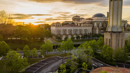 Wall Mural - Aerial view landscape of sunrise at The Kota Iskandar Mosque located at Kota Iskandar, Iskandar Puteri, Johor State  Malaysia early in the morning