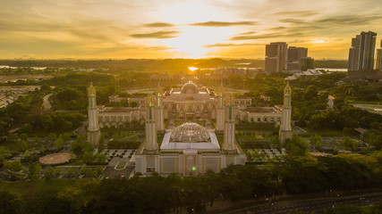 Wall Mural - Aerial view landscape of sunrise at The Kota Iskandar Mosque located at Kota Iskandar, Iskandar Puteri, Johor State  Malaysia early in the morning