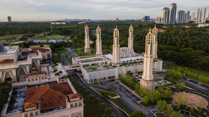 Wall Mural - Aerial landscape of sunrise at The Kota Iskandar Mosque at Iskandar Puteri, Johor State  Malaysia early in the morning