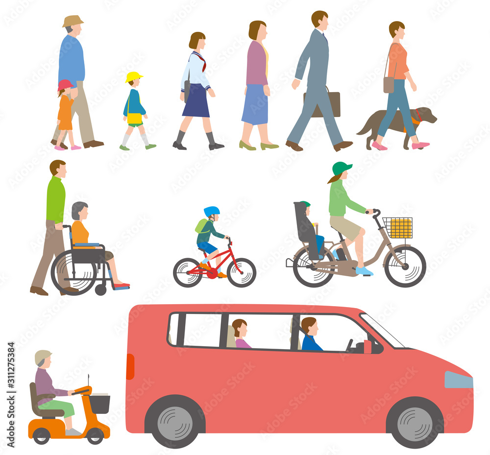 人 自転車 自動車を側面から見たイラスト Wall Mural Hiro