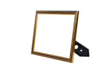 Wooden picture frame with stand isolated on white background.